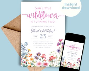 May include: A printable invitation for a 2-year-old's birthday party. The invitation features a watercolor illustration of wildflowers and the text "Our little wildflower is turning two!"  Olivia's birthday! Sat 25 Oct. Two thousand and twenty four at two o'clock in the afternoon. The Jumping Castle, Melbourne. RSVP to Emily 01234567890.
