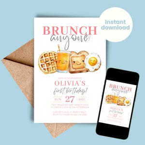 May include: A printable invitation for a first birthday party with a brunch theme. The invitation features a cartoon illustration of a waffle, orange juice, toast, and a fried egg. The text on the invitation reads "BRUNCH anyone!" and "Olivia's first birthday!" with the date "Sun 27 Dec".