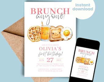 Invito modificabile per il primo compleanno, brunch per chiunque, festa di compleanno con brunch, colazione, compleanno di bambine, modello DOWNLOAD IMMEDIATO per qualsiasi età