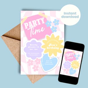 May include: A pink and white party invitation with a chequered background. The invitation says "Party Time" in bold letters and includes details for Ava's birthday party, including the date, time, and location. The invitation also includes a blue heart with the text "RSVP to Emily on 01234567890".