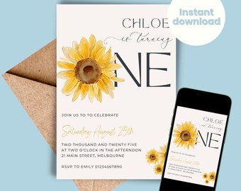 May include: A birthday invitation featuring a watercolor sunflower and the text "Chloe is turning ONE." The invitation includes event details: date, time, location, and RSVP information. A smartphone displays the same design.
