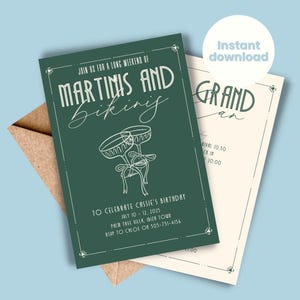 Bikinis And Martinis Invitation Birthday Weekend Hen Party Invite Celebration Tinis & Bikini Art Deco Template Dirty Martini Itinerary