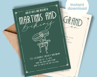 Bikinis And Martinis Invitation Birthday Weekend Hen Party Invite Celebration Tinis & Bikini Art Deco Template Dirty Martini Itinerary