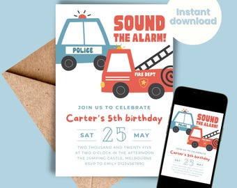 Emergency Vehicles Birthday Invitation Editable - Police Fire Invite Template - Girls or Boys - Any Age - Instant Download - Red Blue