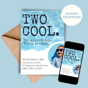 Two Cool Birthday Invite Boy Girl, Phone or Print, Second Birthday Invitation with Photo, Boy Girl, Template INSTANT DOWNLOAD, DIY Editable