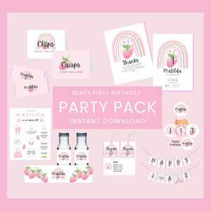 Berry First Birthday Invitation Bundle | 1st Birthday Girl | EDITABLE Printable Invite | Strawberry Birthday | Canva Template | Customisable