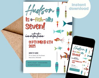 Peut inclure: Une invitation d'anniversaire colorée pour un enfant qui fête ses sept ans. L'invitation est sur le thème des poissons, avec un fond blanc et des poissons et des cannes à pêche colorés. Le texte de l'invitation indique "Hudson is o-fish-ally Seven!" et comprend la date, l'heure et le lieu de la fête.