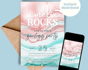 Rock and Gem Birthday Invitation Geology Rocks Invite Girls Rose Agate Happy Birthday Celebration INSTANT DOWNLOAD Gems Crystals Customise