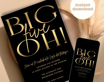 50th Birthday Invitation, Big 50, Fiftieth Party Invite, Big 5 Oh, Age Invite, INSTANT DOWNLOAD, Editable, Men, Women, Black and Gold