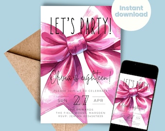 Bearbeitbare rosa Schleifen-Einladung zum 18. Geburtstag - anpassbare Vorlage - digital bearbeitbar - elegantes Design - kokette Bögen - INSTANT DOWNLOAD