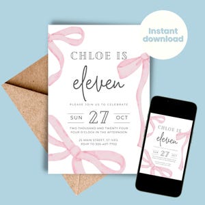 11th Birthday Invitation Pink and White Bows Girl Mobile Eleven Birthday Dinner Invite Fancy Bow Birthday Invitations for 11 Sleepover