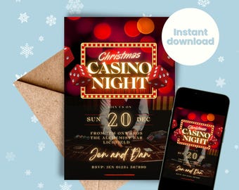 May include: A printable invitation for a Christmas Casino Night party. The invitation features a red and gold design with dice, playing cards, and a casino table. The text on the invitation reads "Christmas Casino Night" and includes the date, time, and location of the event. RSVP information is also included.