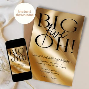 50th Birthday Invitation, Big 50, Fiftieth Party Invite, Big 5 Oh, Age Invite, INSTANT DOWNLOAD, Editable, Men, Women, Black and Gold