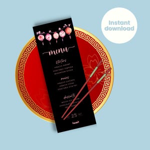 Plantilla de invitación para cena de cumpleaños, menú de hibachi, color rosa y negro, DESCARGA INSTANTÁNEA, restaurante japonés, sushi, teppanyaki, editable, HIB