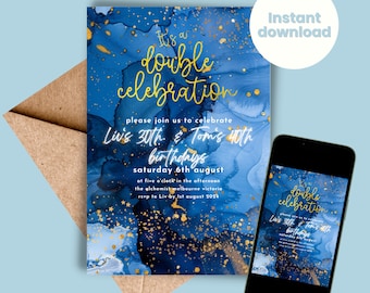 Joint Birthday Invitation: Blue, Indigo & Gold (Downloadable)