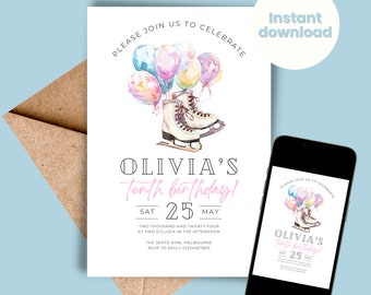 Ice Skating Birthday Party Invitation Template Editable Birthday Pink Printable Invite Girl Skate Rink Invite Downloadable Edit Celebrate