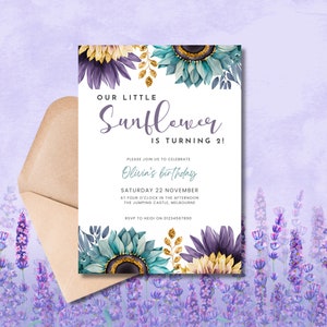 Sonnenblume-Einladung zum 2. Geburtstag, sofortiger Download, druckbare, bearbeitbare Einladung, bearbeitbare Vorlage, Mädchen-Einladung zum zweiten Geburtstag, Mädchen 2