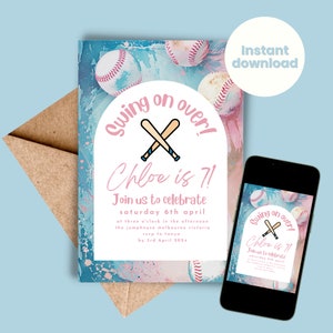 Softball Birthday Party Invitation Printable INSTANT DOWNLOAD Edit Now Girl Boy Sports Invite Editable Softball Invite Swing on Over