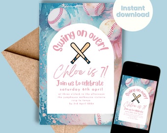 Softball Birthday Party Invitation Printable INSTANT DOWNLOAD Edit Now Girl Boy Sports Invite Editable Softball Invite Swing on Over