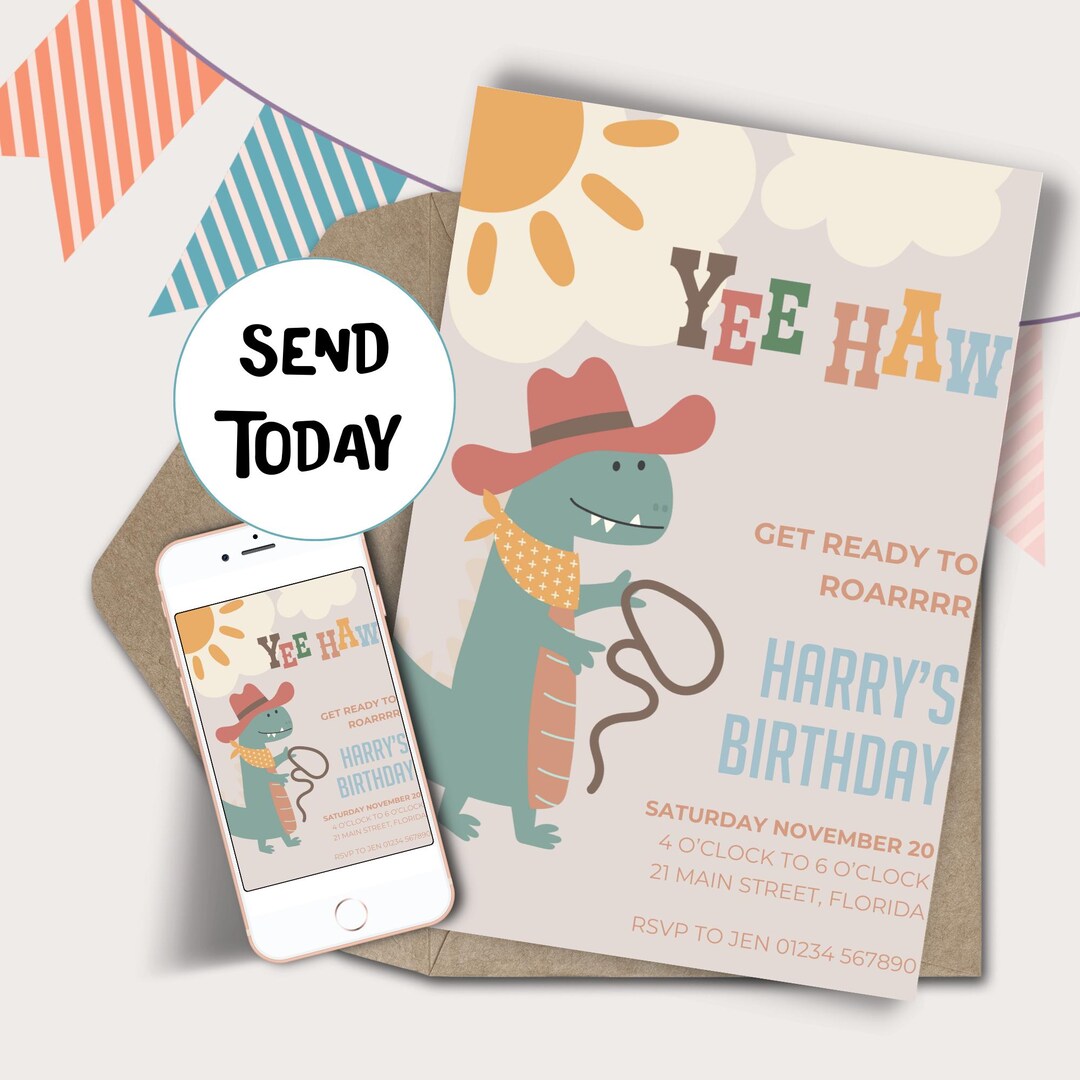 Dinosaur Rodeo Birthday Invitation, Western Cowboy Dino Invite, Boys ...