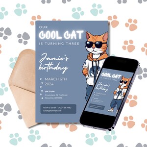 猫の誕生日パーティー招待状 | クールな猫 | パーティーしよう | 誕生日招待状 | パーティー招待状 | 年齢制限なし | 完全に編集可能 | デジタルダウンロード