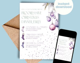 Puede incluir: Una invitación imprimible para una cena de Navidad progresiva. La invitación presenta una ilustración de acuarela de adornos morados y rosados con purpurina plateada. El texto de la invitación dice "Únete a nosotros para una cena de Navidad progresiva".