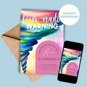 Twister Theme Party Invite Four-nado Birthday Invitation Storm Warning Our Little Fournado, INSTANT DOWNLOAD, Editable Template Fourth 4th 4