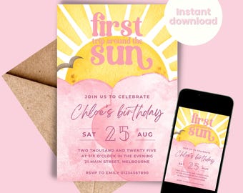 First Trip Around the Sun Birthday Invitation: Sunshine Theme (Instant Download, 5x7 inch PNG/JPG/PDF)
