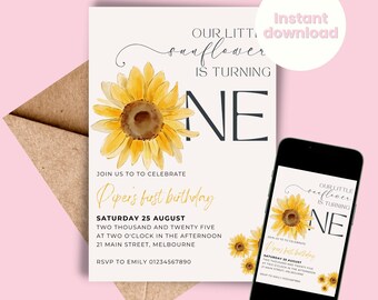 May include: A digital invitation with a watercolor sunflower design. The invitation reads "Our Little Sunflower is Turning One" and includes event details. A smartphone displays the same design. An envelope is also included.