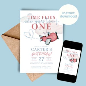 May include: A printable invitation for a first birthday party. The invitation features a cartoon bunny in a red airplane flying through the clouds. The text on the invitation reads "Time flies when you're turning one" and "Carter's first birthday!" with the date "Sun 27 Dec".