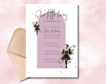 May include: A pink and white birthday invitation with a whimsical fairy illustration. The invitation reads "Our little fairy is turning six" and includes details for Olina's birthday party on Saturday, October 6th, 2023 at 3:00 PM at the Jumphouse in Melbourne, Victoria. RSVP by October 5th, 20XX.