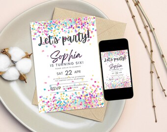 Confetti Party Invitation Let's Party Colorful Invite, Simple Birthday Invitations, Editable Printable Template, instant Download Canva