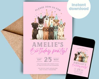 Cat and Dog Theme Birthday Invite Cats and Dogs Invitation Let's Pawty INSTANT DOWNLOAD Editable Template Pink Girls Party Invitation