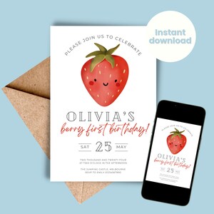 Berry First Birthday Invitation Template Strawberry 1st Birthday Invite Girls Birthday Invitation Printable Invite Evite INSTANT DOWNLOAD