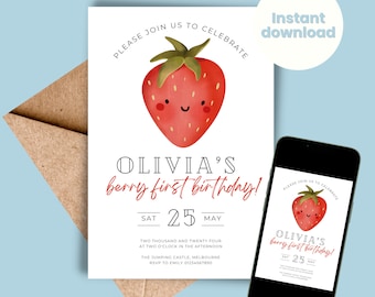 Berry eerste verjaardag uitnodiging sjabloon Aardbei 1e verjaardag uitnodigen Meisjes verjaardagsuitnodiging Afdrukbare uitnodiging Evite INSTANT DOWNLOAD