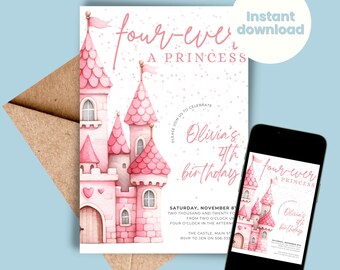 Four-ever a princess Birthday Invite Princess Party Girls Fourth Birthday Party Digital INSTANT DOWNLOAD Magical Invite Castle Four 4 4th