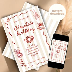 Dinner Party Invitation, Hand Drawn Invite, Tomato Themed Invite, That&#39;s Amore, Italian Theme, INSTANT DOWNLOAD, Food Cookery Pasta Bows
