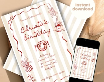 Dinner Party Invitation, Hand Drawn Invite, Tomato Themed Invite, That's Amore, Italian Theme, INSTANT DOWNLOAD, Food Cookery Pasta Bows