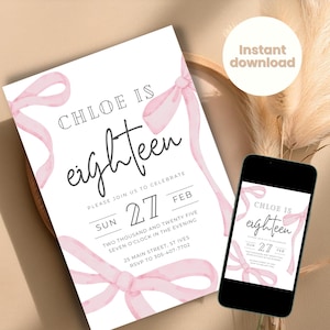 18th Birthday Invitation with Bows - Coquette Pink Bow Birthday Invite - Elegant Design - Customizable 18th Birthday - Instant Download