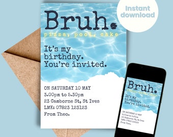 Bruh Birthday Invitation Boy Pool Birthday Party Invitation Bruh It&#39;s My Birthday Invite Teenager Birthday Editable Canva Template