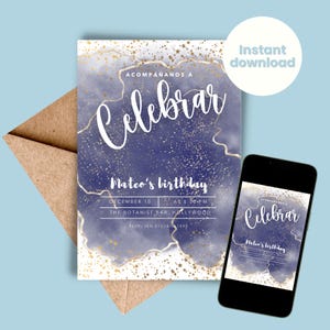 Spanish Birthday Invitation Men Blue Celebrar Blue Gold Spanish Fiesta Invite Birthday Event Party Editable Template INSTANT DOWNLOAD