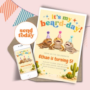 Uitnodiging voor een verjaardag met een baardagame, uitnodiging voor een baardagamefeest, reptielenverjaardagsfeestje, bewerkbare Canva-sjabloon, uitnodiging voor een kinderfeestje, direct te gebruiken