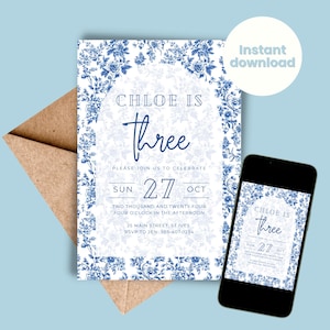 Blue Toile Birthday Invitation Template Toile de Jouy Blue Floral Design Chinoiserie Classic Elegant Party Invite INSTANT DOWNLOAD Girl Boy