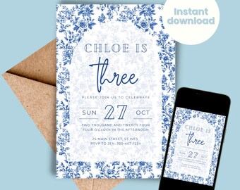Blue Toile Birthday Invitation Template Toile de Jouy Blue Floral Design Chinoiserie Classic Elegant Party Invite INSTANT DOWNLOAD Girl Boy