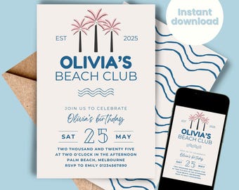 Könnte beinhalten: Eine blaue und weiße Strandparty-Einladung mit Palmen und dem Text "Olivia's Beach Club" und "Feiern Sie mit uns Olivias Geburtstag Sa 25 Mai Zwei tausend und fünfundzwanzig um 14:00 Uhr Palm Beach, Melbourne RSVP an Emily 01234567890".