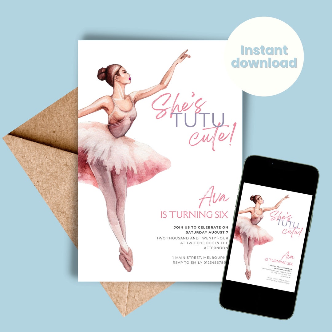 Ballerina Birthday Party Invitation Girls Ballet Invite She's Tutu Cute ...