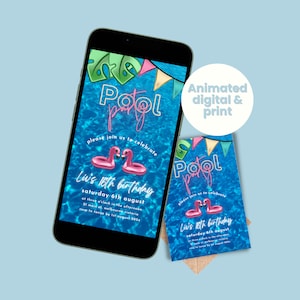 May include: A digital and printable invitation for a pool party. The invitation features a blue pool with pink flamingos, a pink and blue "Pool Party" sign, and the text "Liv's 16th birthday, Saturday 6th August".