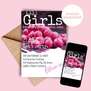 May include: A pink birthday invitation with a basketball theme. The invitation has a white background with pink text and a photo of pink basketballs. The text on the invitation reads: 