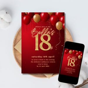 18th Birthday Invite Red Party Invitation Eighteenth Red and Gold Balloons Editable Downloadable Canva 18