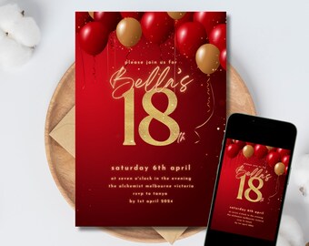 18e verjaardag uitnodigen rode uitnodiging voor feest Achttiende rode en gouden ballonnen bewerkbare downloadbare canva 18